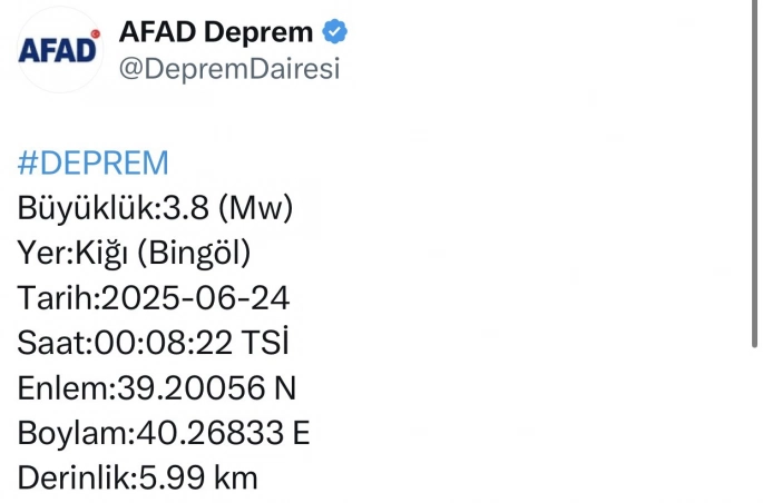 Bingöl'de 3.8 büyüklüğünde deprem