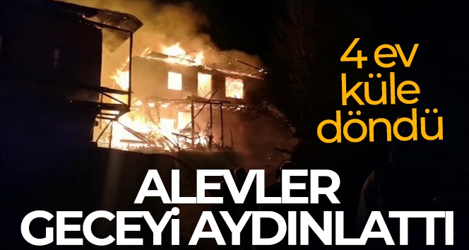 Alevler geceyi aydınlattı, 4 ahşap ev yanarak kül oldu