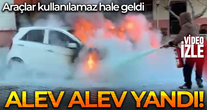 Antalya'da park halindeki iki otomobil çıkan yangında alev alev yandı