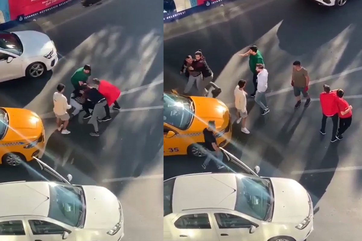 İki taksicinin tekmeli yumruklu müşteri kavgası kamerada