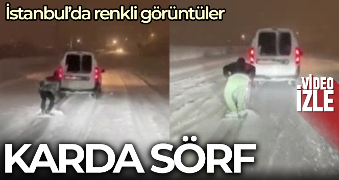 Karda aracın arkasına bağladığı tahtayla sörf yaptı