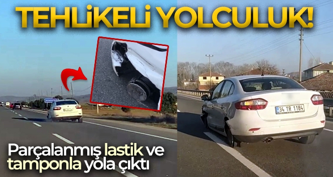 Parçalanmış lastikleri ve yerdeki tampon ile yoluna devam etti